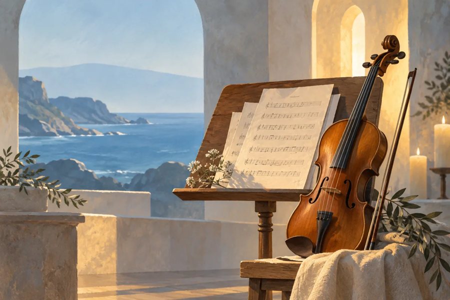 KI-generiertes Symbolbild mit Cello und Noten vor einer stilisierten Küstenlandschaft; kein konkreter Veranstaltungsort.
