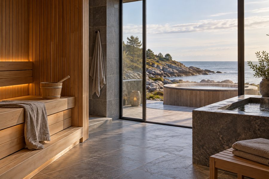 Symbolische Sauna mit Außenwhirlpool und Blick auf eine felsige Ostseeküste